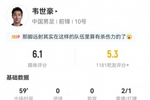 韦世豪表现盘点：射门1次命中，传球准确率高达80%，却7次失误且遭遇红牌禁赛